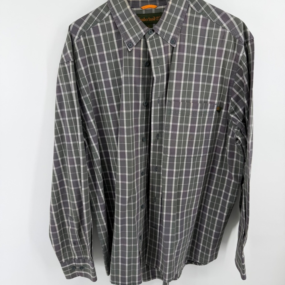Timberland Mens Plaid Button Down Shirt Grey Purple Long Sleeve Cotton L 46266‎